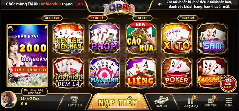 Giao diện cổng game Top88